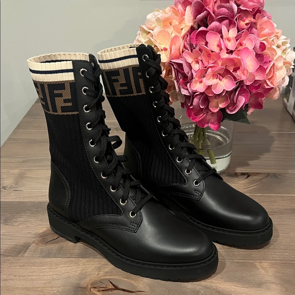 Fendi Black and Cream Lace-Up Women's Combat Boots